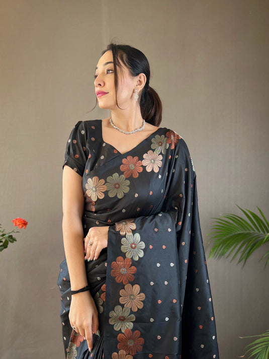 Black classic soft silk copper and gold floral weaving saree