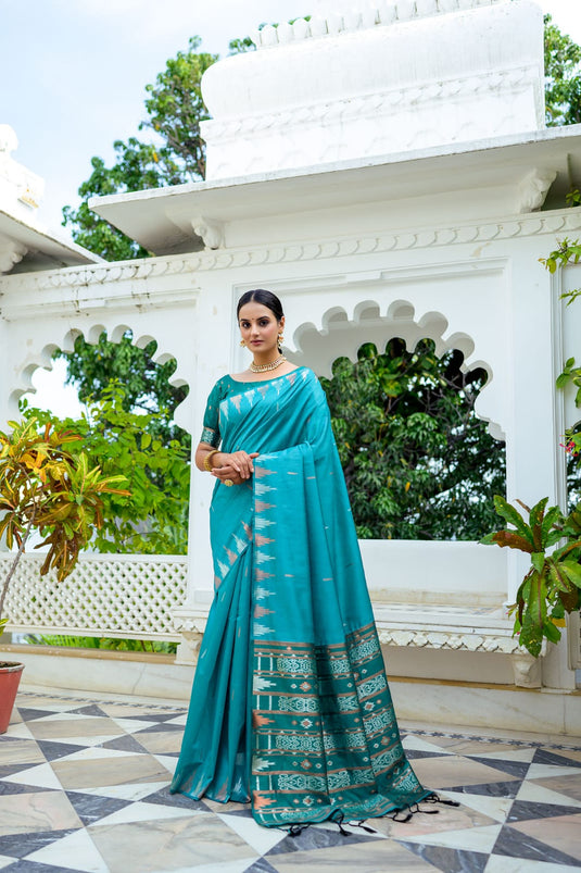 Teal Blue Soft Tussar Silk Zari Weaving Ikkat Pallu Saree