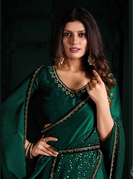 Bottle Green Radiant Premium Satin Sequence Embroidered Work Saree