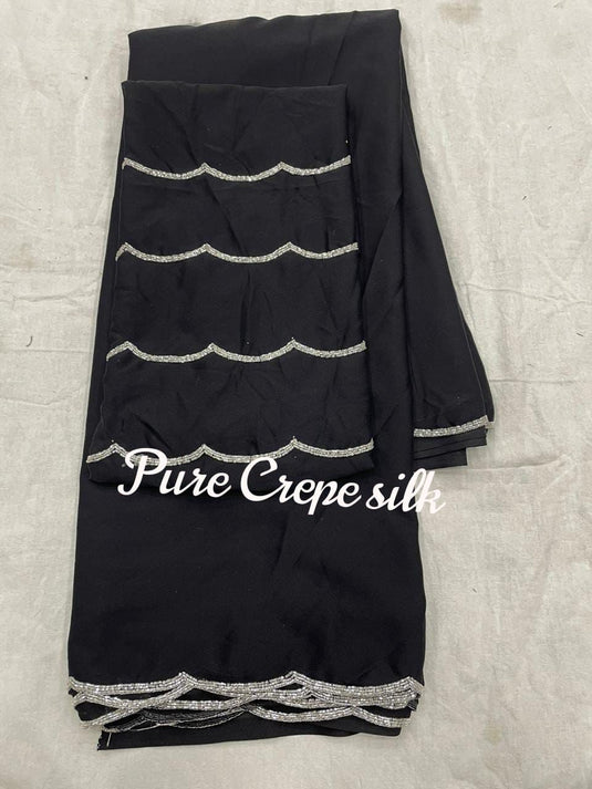 Black Pure Crepe Silk Handwork Border Saree