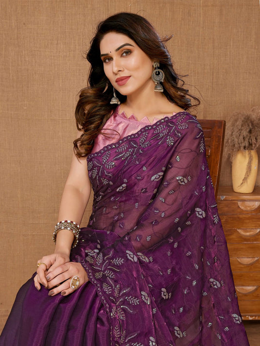 Purple Designer Burberry Silk Sequence Embroidered Work Saree