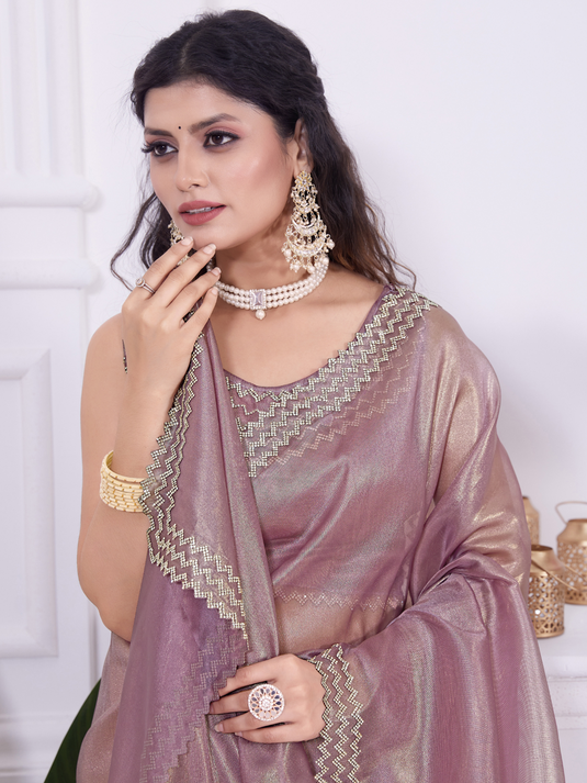 Onion Stunning Premium Metallic Organza Stone Work Saree