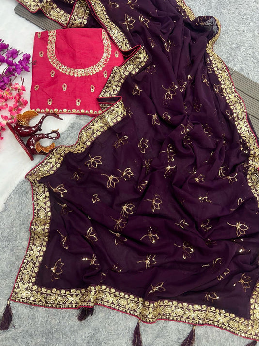 Wine Premium Georgette Sequence Embroidered Work Saree