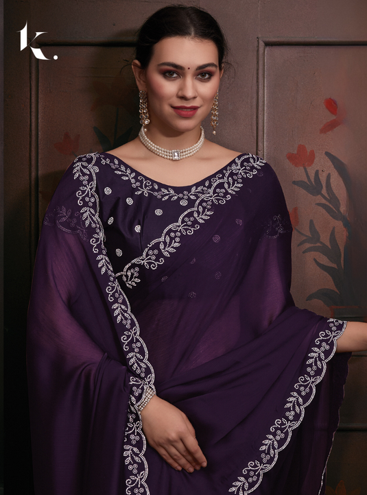 Violet Elegant Premium Satin Silk Swarovski Work Saree