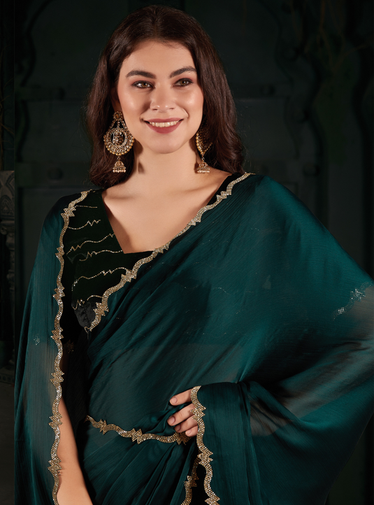 Teal Green Latest Georgette Silk Plain Handwork Border Saree