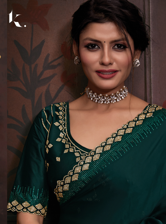 Bottle Green Radiant Premium Satin Silk Swarovski Work Saree