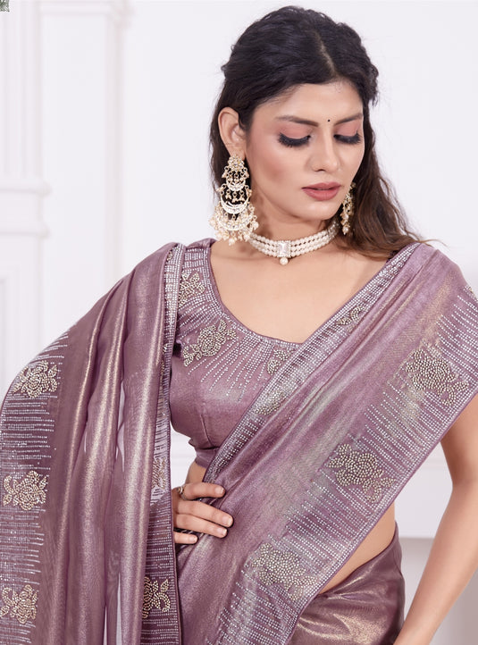 Mauve Graceful Premium Metallic Organza Stone Work Saree