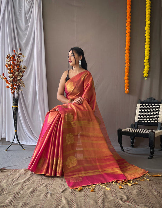 Pink Classic Tissue Silk Zari Weaving With Mango Border Saree