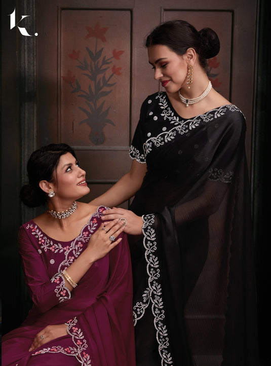 Black Elegant Premium Satin Silk Swarovski Work Saree