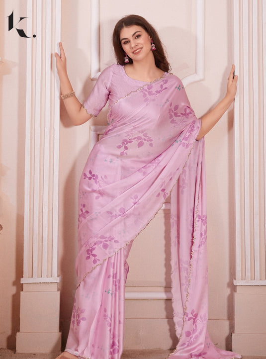 Pink Trendy Premium Satin Floral Digital Printed Saree