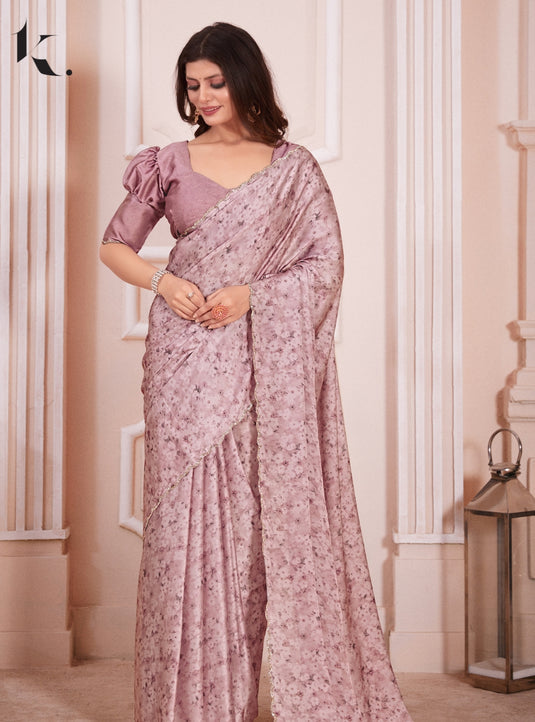 Mauve Elegant Premium Satin Floral Digital Printed Saree