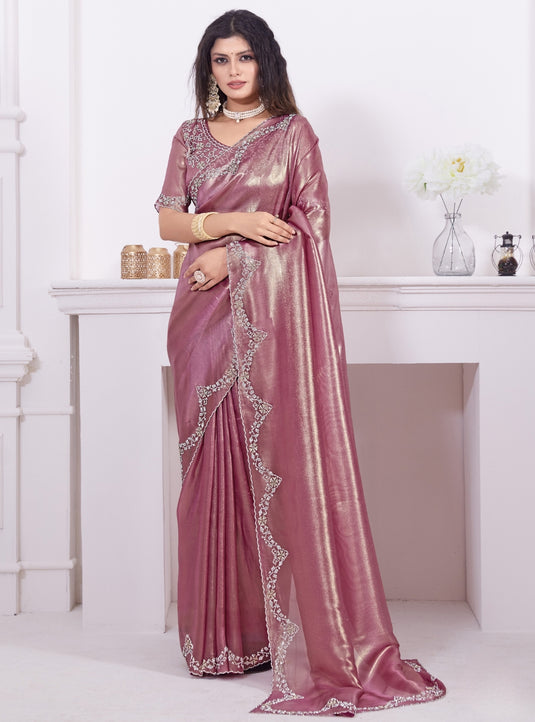 Pink Beautiful Premium Metallic Organza Stone Work Saree