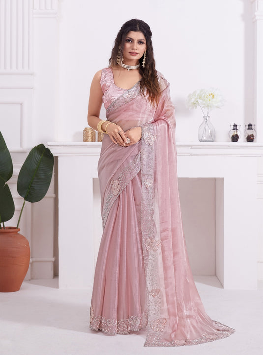 Pink Radiant Premium Metallic Organza Stone Work Saree