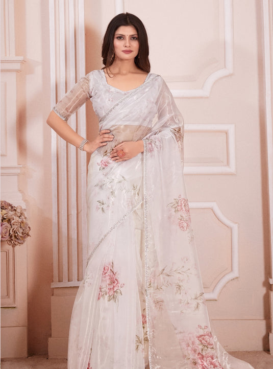 White Graceful Premium Metallic Organza Floral Digital Printed Saree