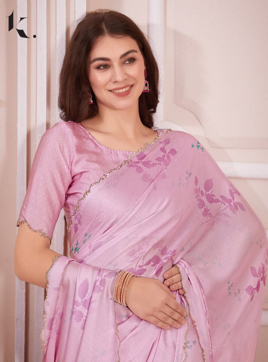 Pink Trendy Premium Satin Floral Digital Printed Saree