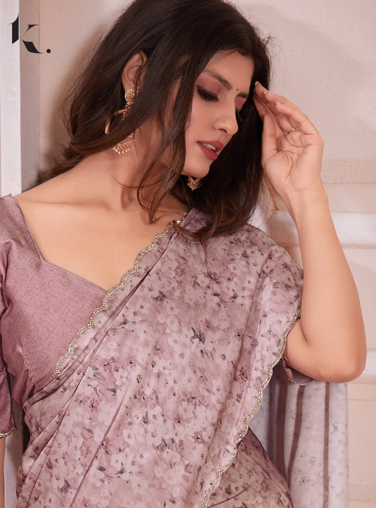 Mauve Elegant Premium Satin Floral Digital Printed Saree