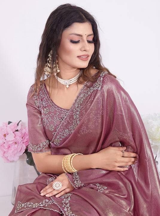 Pink Beautiful Premium Metallic Organza Stone Work Saree