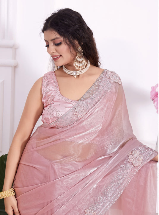 Pink Radiant Premium Metallic Organza Stone Work Saree