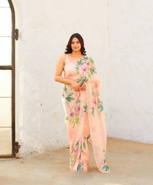 Peach Taby Organza Floral Print Hand Cutdana Work Saree