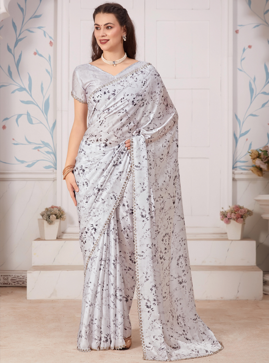 Grey Elegant Premium Satin Floral Digital Printed Saree