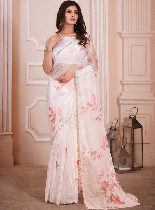 White Effortless Premium Metallic Organza Floral Digital Printed Saree