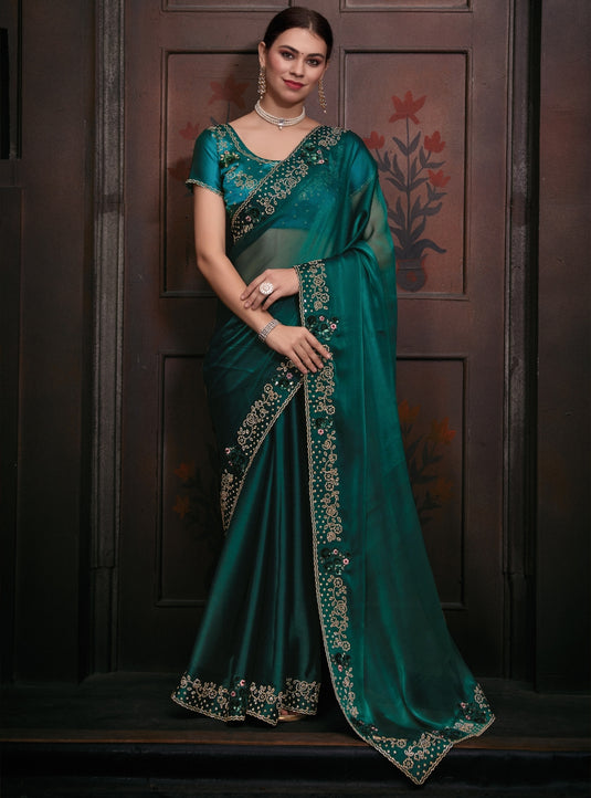 Green Radiant Premium Metallic Organza Stone Work Saree