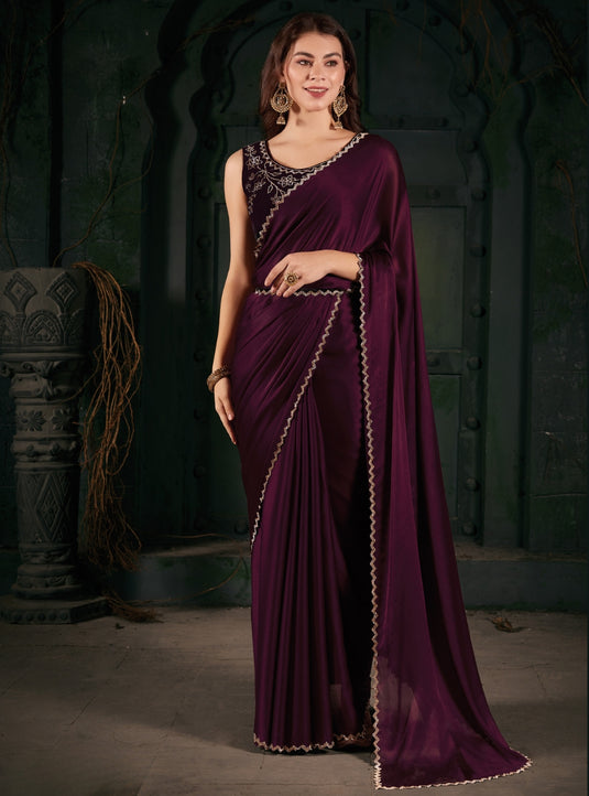 Wine Radiant Georgette Silk Plain Handwork Border Saree