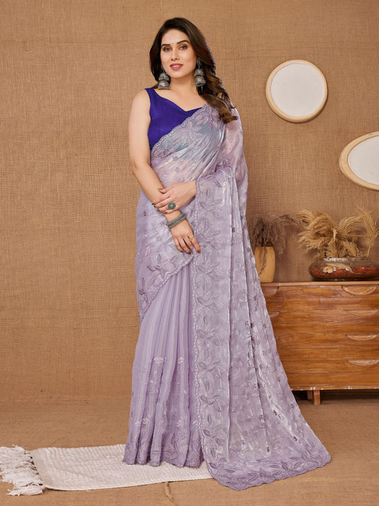 Lavender Designer Burberry Silk Sequence Embroidered Work Saree