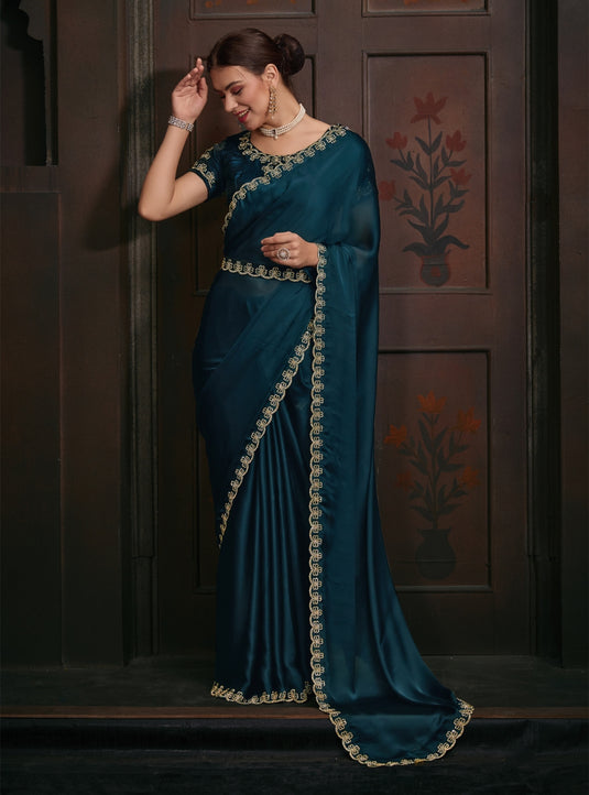 Teal Blue Stunning Premium Satin Silk Swarovski Work Saree