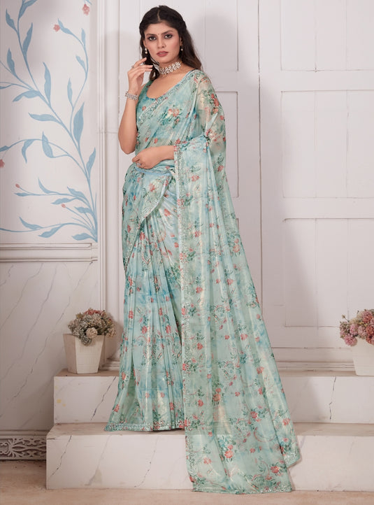 Sky Blue Radiant Premium Metallic Organza Floral Digital Printed Saree