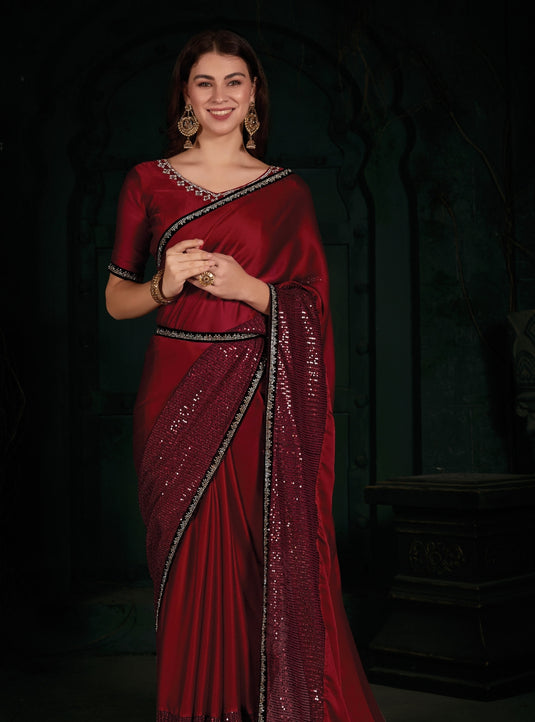 Maroon Radiant Premium Satin Sequence Embroidered Work Saree