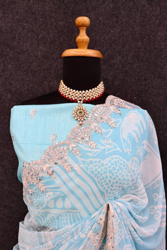 Sky Blue Abstract Digital Printed Designer Saree