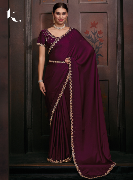 Wine Radiant Premium Satin Silk Swarovski Work Saree