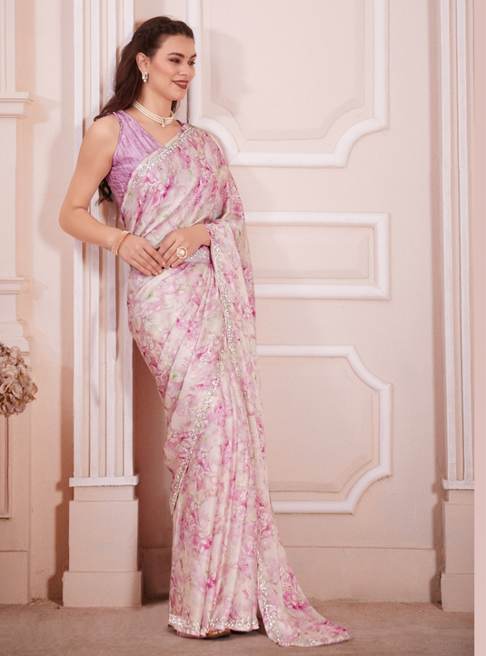 Pink Radiant Premium Satin Floral Digital Printed Saree