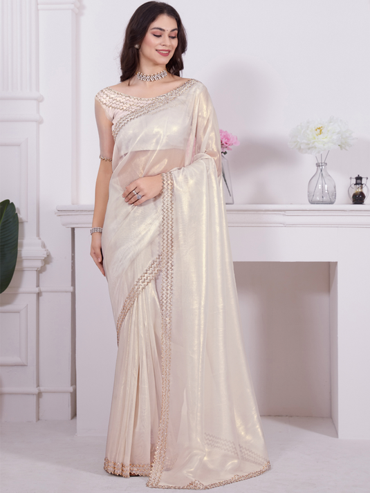 White Stunning Premium Metallic Organza Stone Work Saree