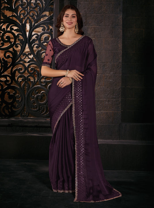 Violet Graceful Chiffon Thread Embroidered Stone Work Saree