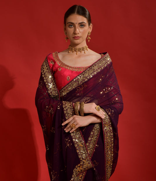 Wine Premium Georgette Sequence Embroidered Work Saree