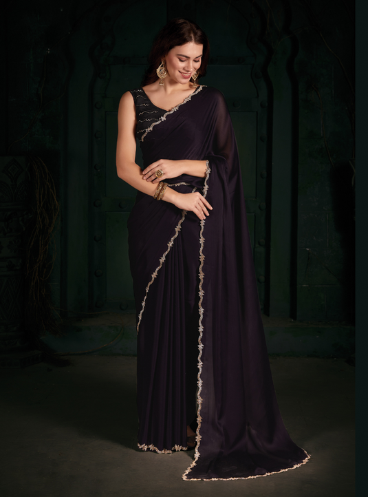 Violet Latest Georgette Silk Plain Handwork Border Saree