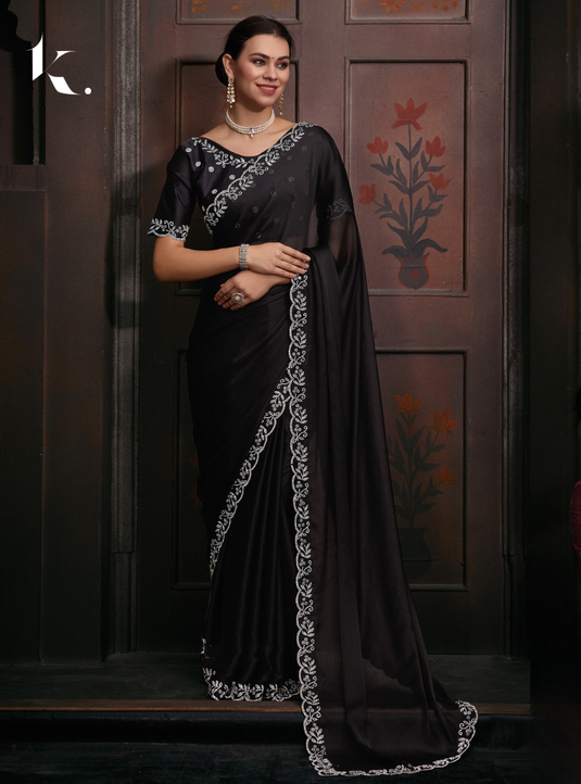 Black Elegant Premium Satin Silk Swarovski Work Saree