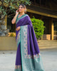 Navy Blue Banarasi Soft Silk Zari Weaving Paithani Saree With Beautiful Contrast Peacock Border