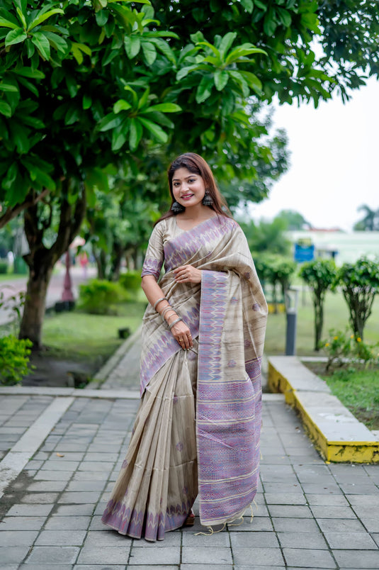 Beige-Lavender Classic Tussar Silk Traditional Weaving Pattern Saree