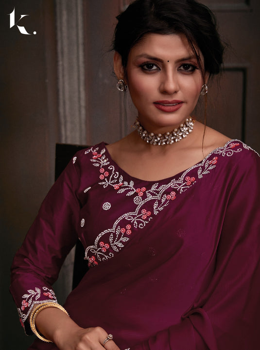 Maroon Elegant Premium Satin Silk Swarovski Work Saree