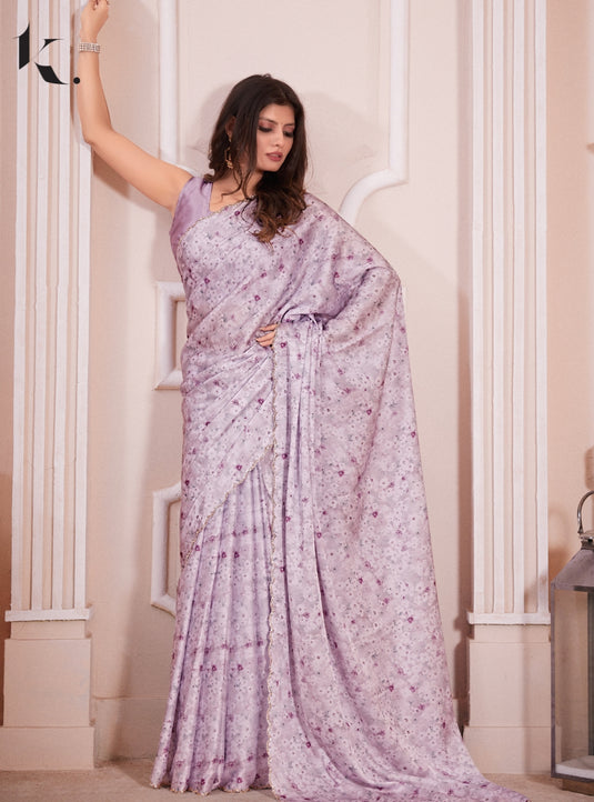 Lavender Elegant Premium Satin Floral Digital Printed Saree