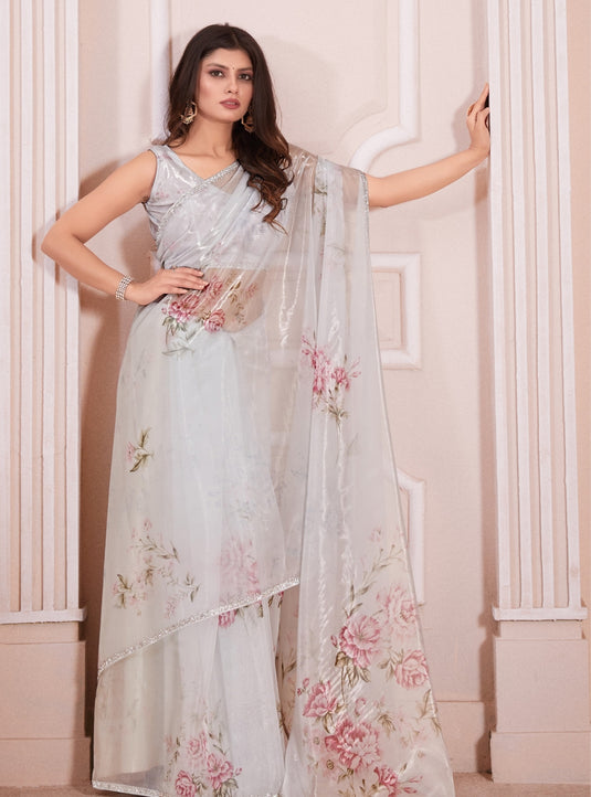 Off-White Graceful Premium Metallic Organza Floral Digital Printed Saree