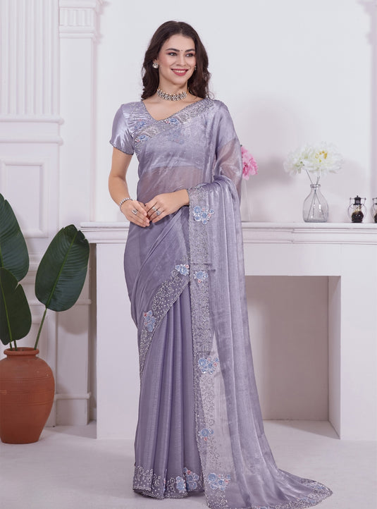 Lavender Radiant Premium Metallic Organza Stone Work Saree