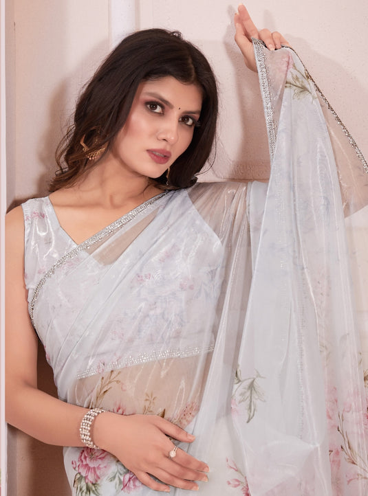 Off-White Graceful Premium Metallic Organza Floral Digital Printed Saree