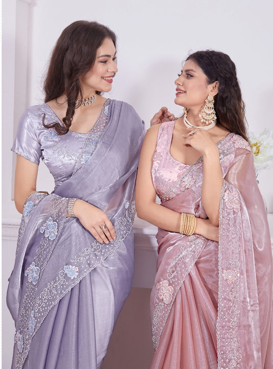 Lavender Radiant Premium Metallic Organza Stone Work Saree