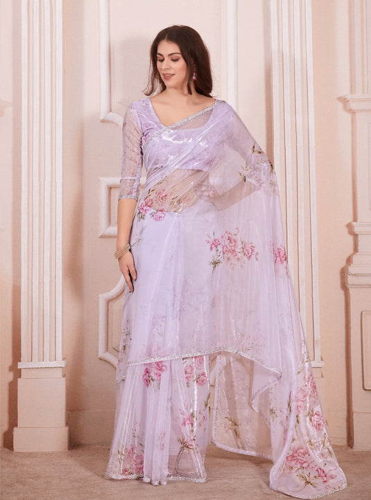 Lavender Graceful Premium Metallic Organza Floral Digital Printed Saree