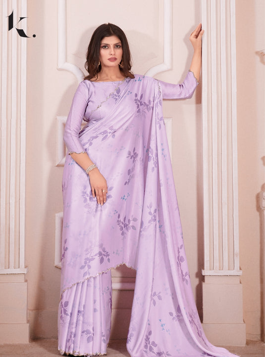 Lavender Trendy Premium Satin Floral Digital Printed Saree