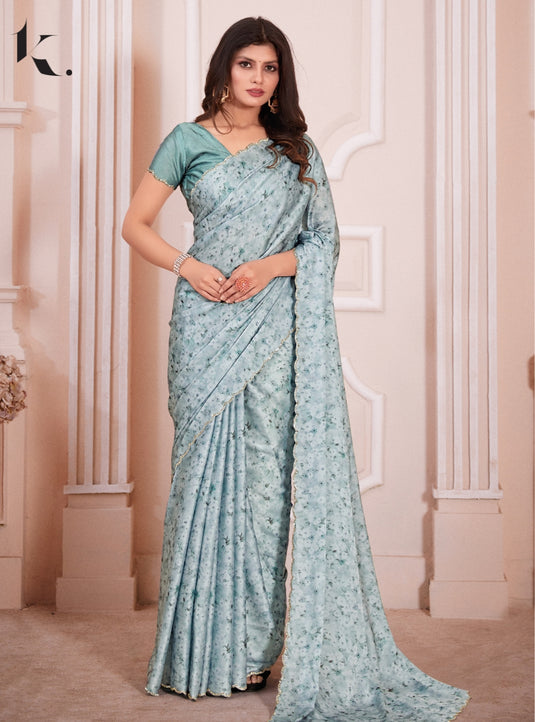 Sky Blue Elegant Premium Satin Floral Digital Printed Saree